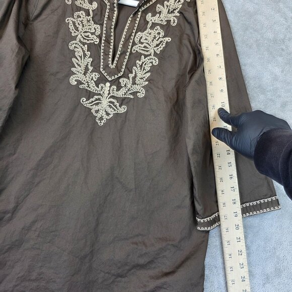 I. Magnin Shirt Womens Medium Brown Embroidered Tunic Boho 3/4 Sleeve Split Neck - Picture 5 of 10